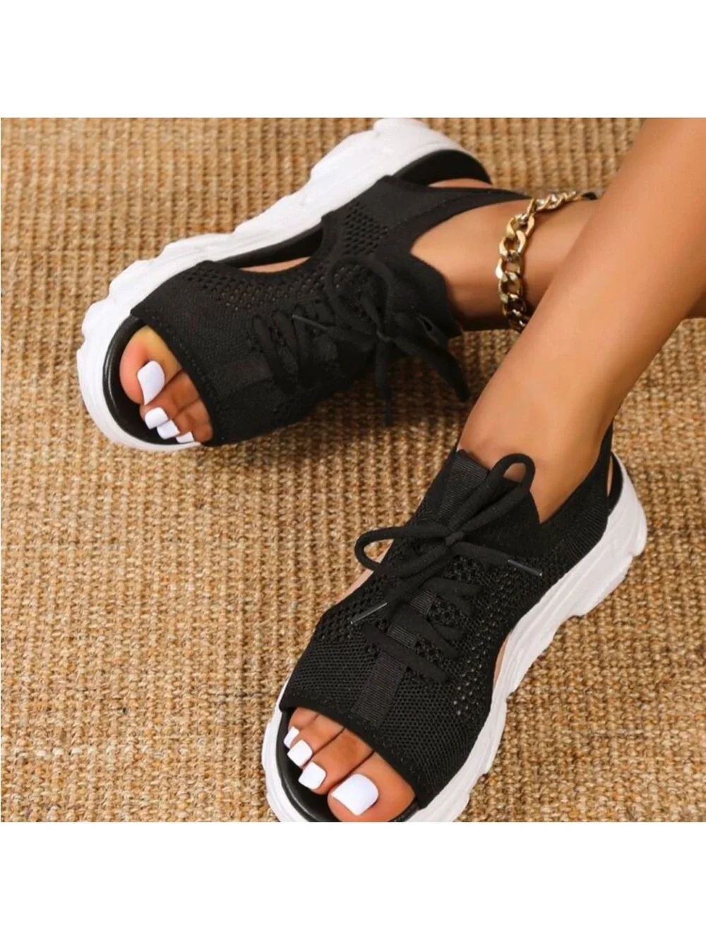 Boutique Women’s Black & White Open-Toed Lace-Up Knit Sneakers Sandals⭐️⭐️Sz: 10